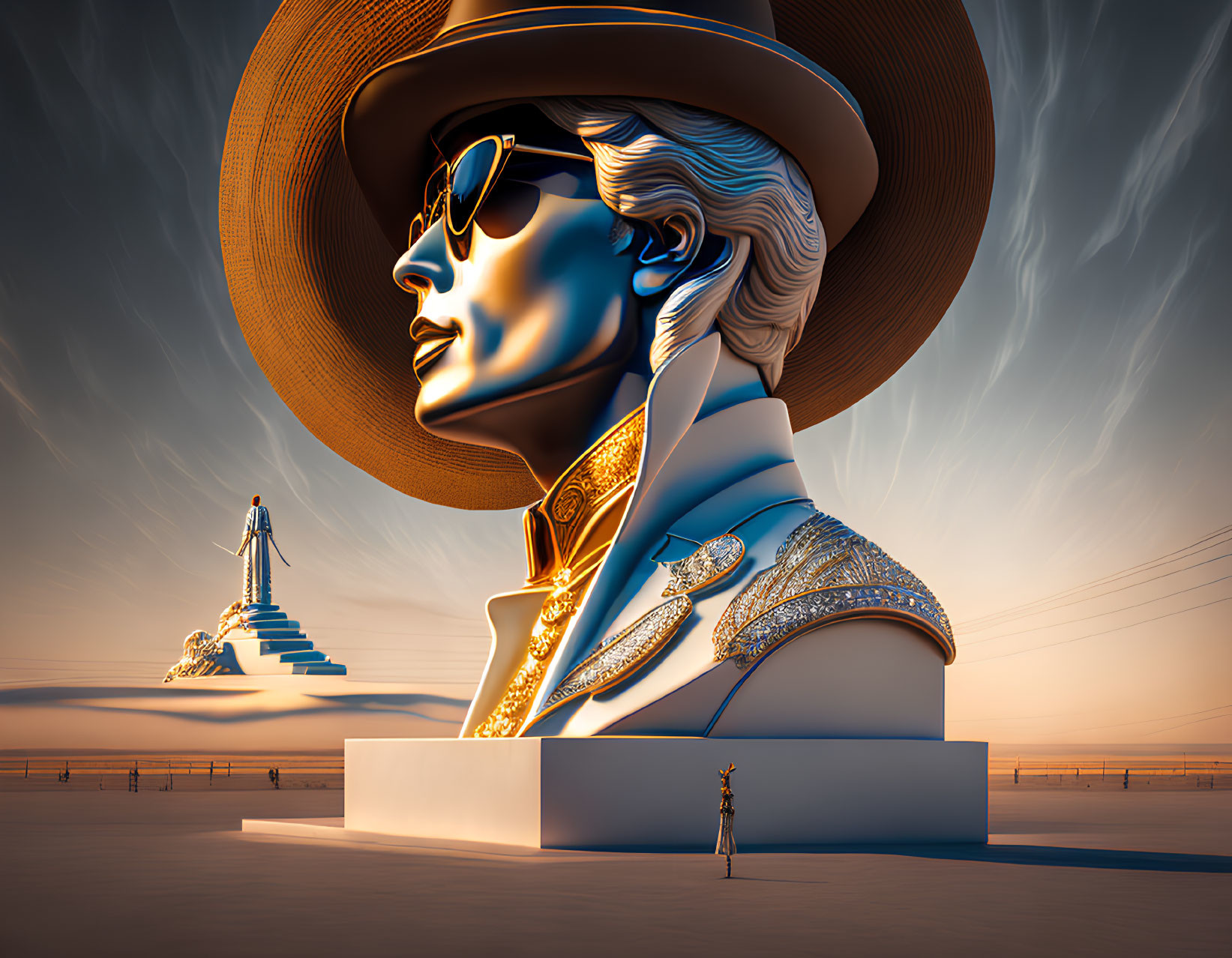 Monumental golden statue of stylized woman in desert landscape