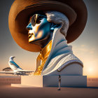 Monumental golden statue of stylized woman in desert landscape