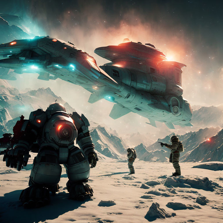 Astronauts, Robot, Spaceship, Snowy Planet, Mountains, Glowing Sky