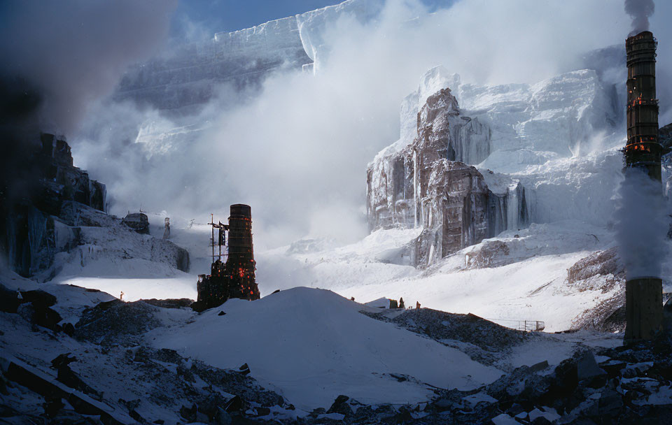 Snowy Industrial Landscape with Smokestack and Cliffs