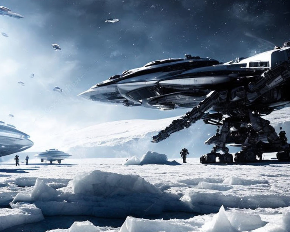 Futuristic scene with advanced spaceships on icy landscape