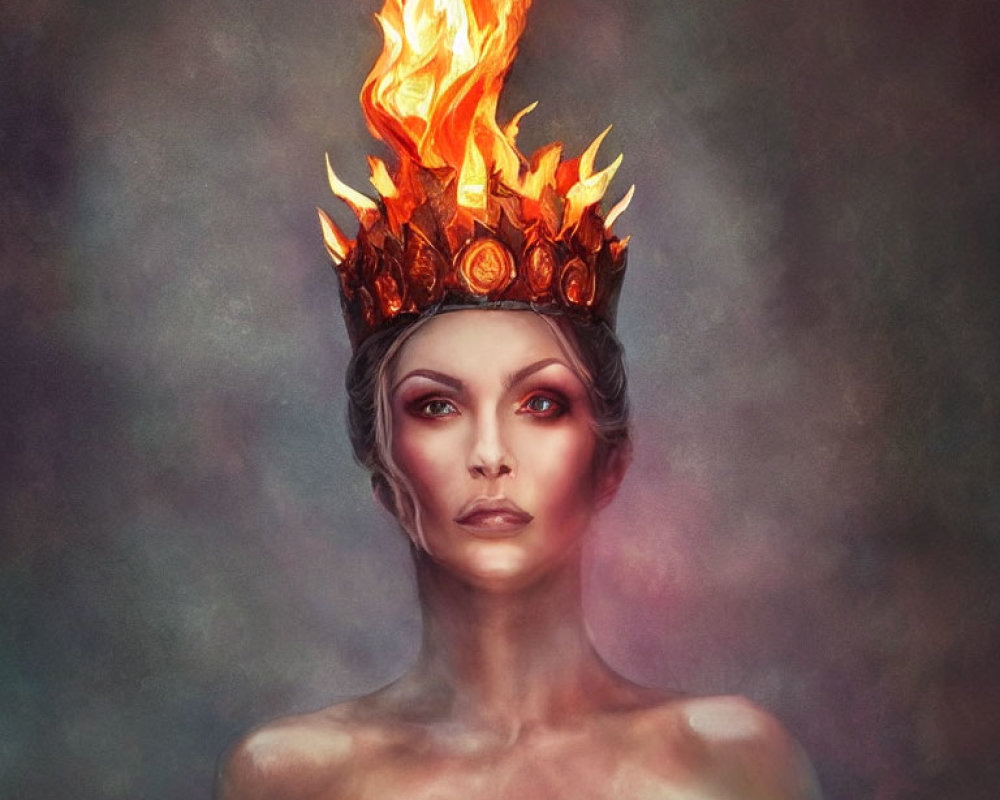 Regal figure with fiery crown in mystical backdrop