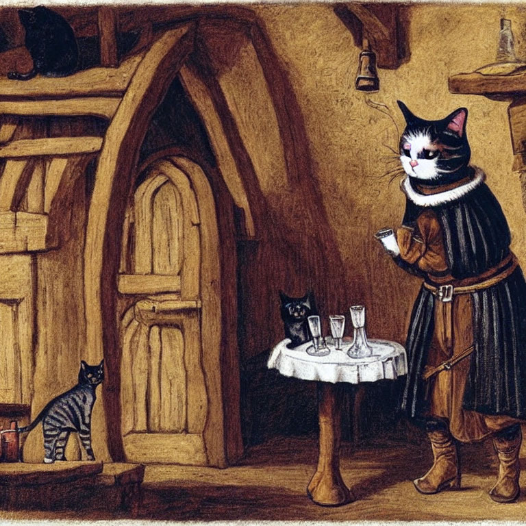 Anthropomorphic cats in medieval attire in cozy wooden interior