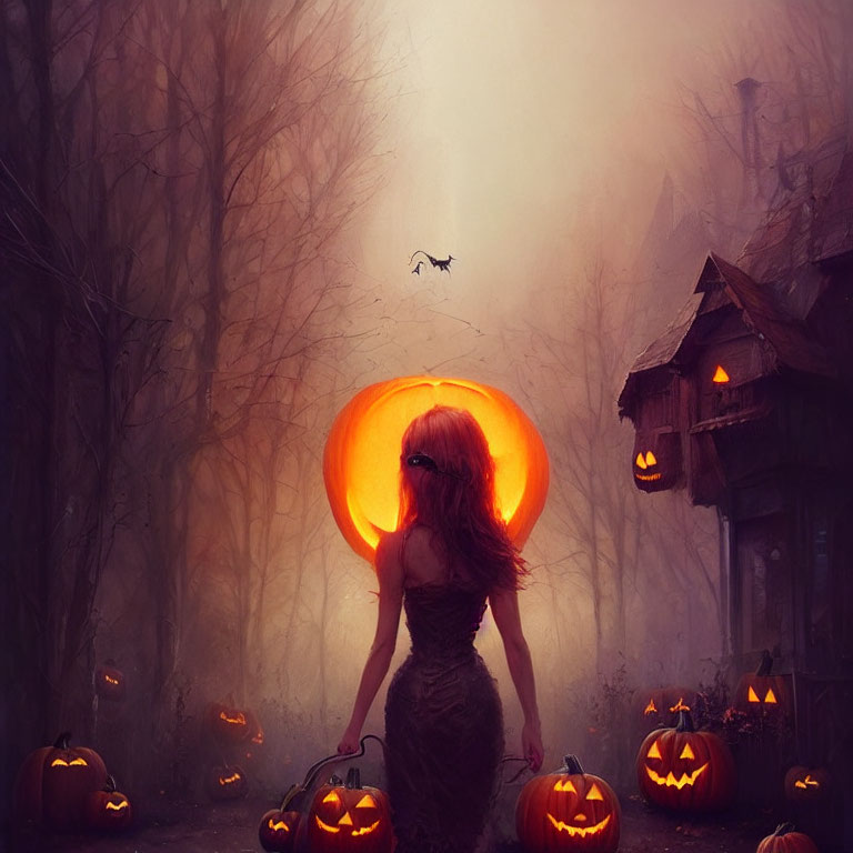 Pumpkin-headed woman on misty path with jack-o'-lanterns & spooky house