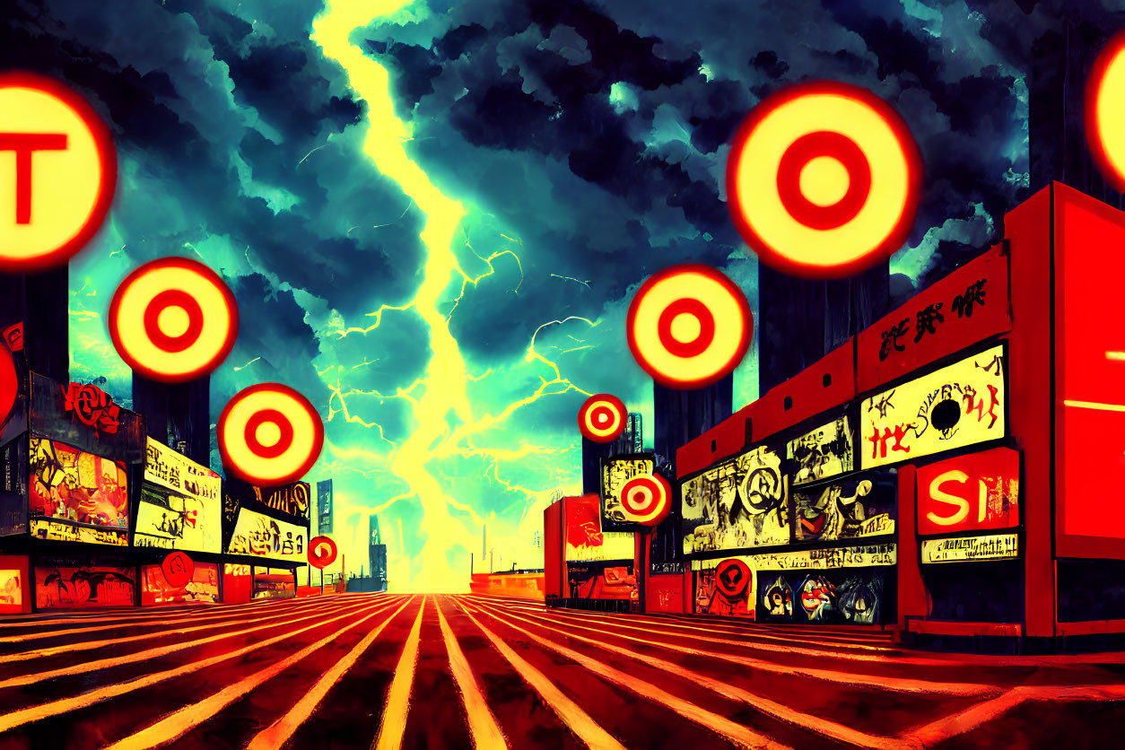 Colorful animated street scene with neon signs, lightning sky, and floating targets.