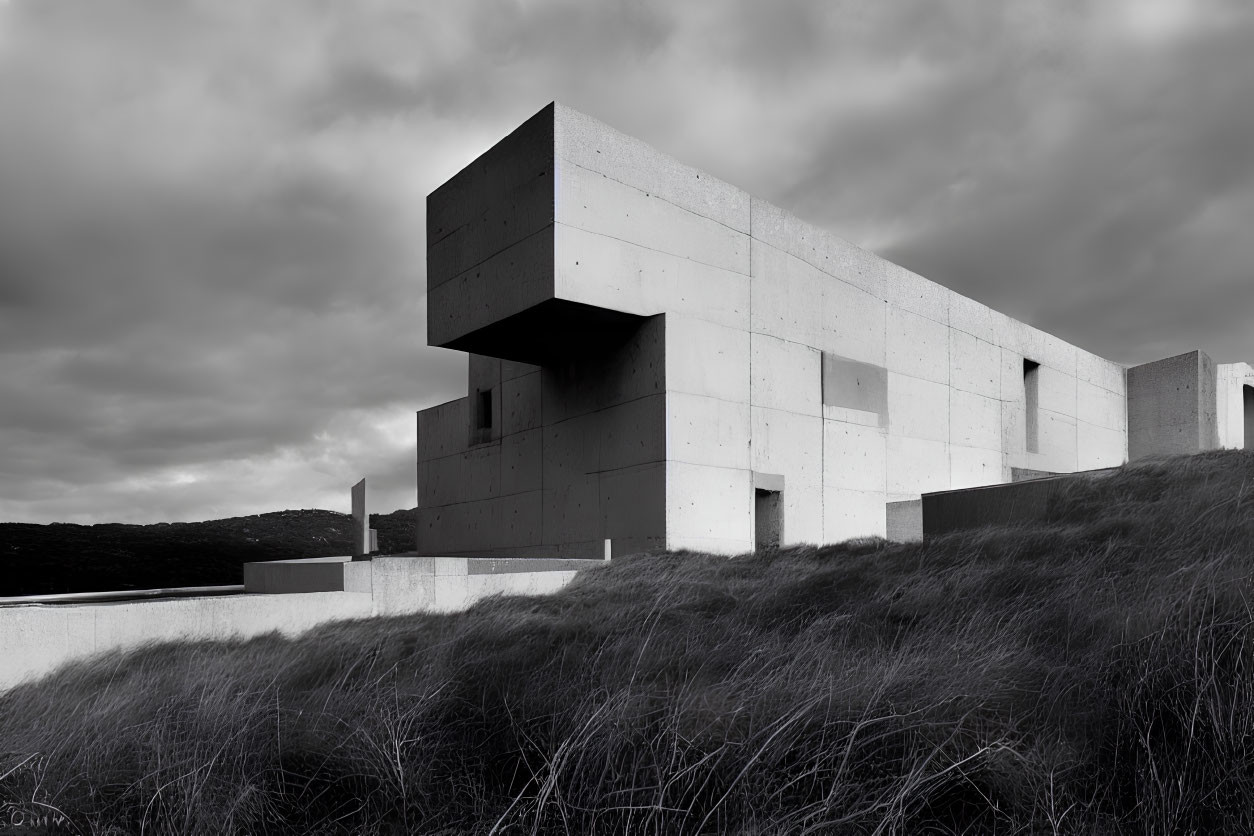 Monochromatic image of modern concrete building with geometric shapes in wild grasses under cloudy sky