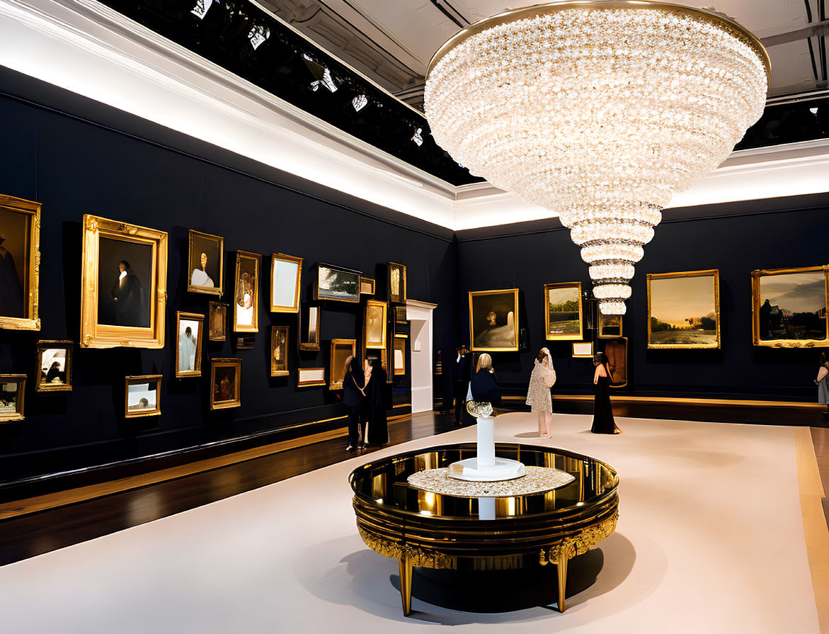 Luxurious art gallery interior with chandelier, paintings, and observers