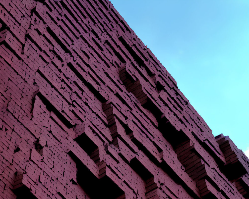 Geometric brick building facade under clear blue sky