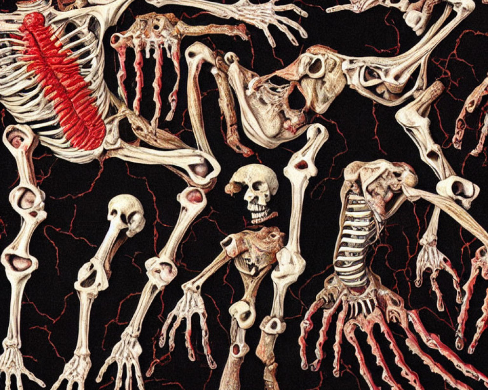 Artistic arrangement of human skeletal parts on black background