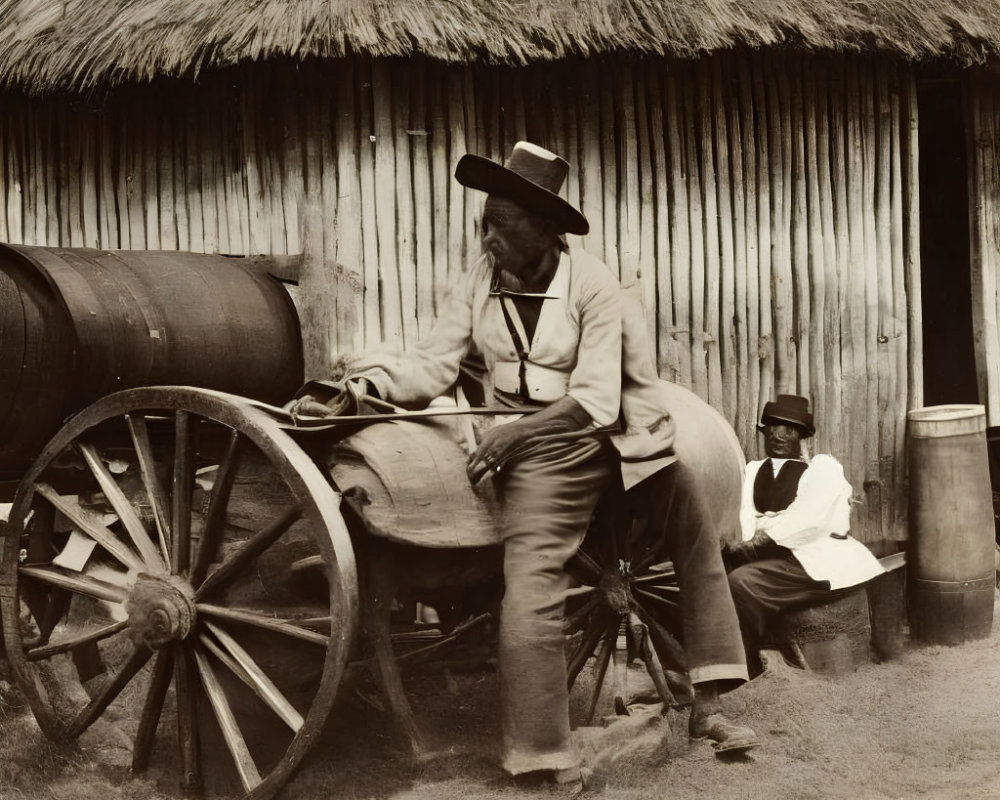 Sepia-Toned Vintage Photo of Two People by Wooden Cart