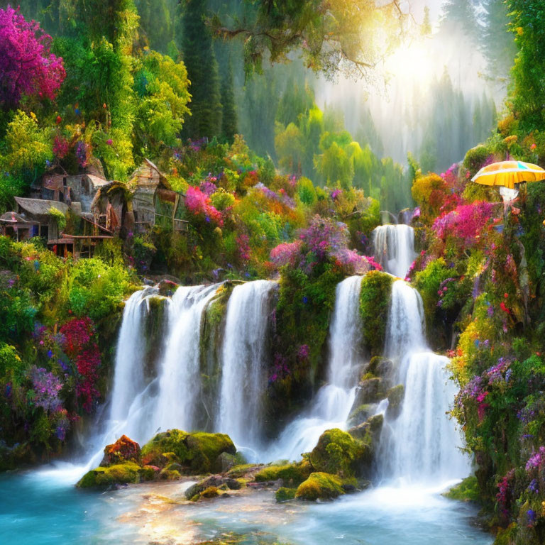 Sunlit waterfall surrounded by lush greenery and colorful flowers with a wooden structure.