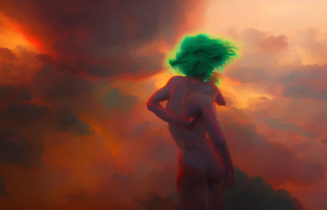 Green-haired person under fiery red sky.