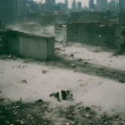 Desolate urban landscape with figures amidst rubble and foggy skyscrapers