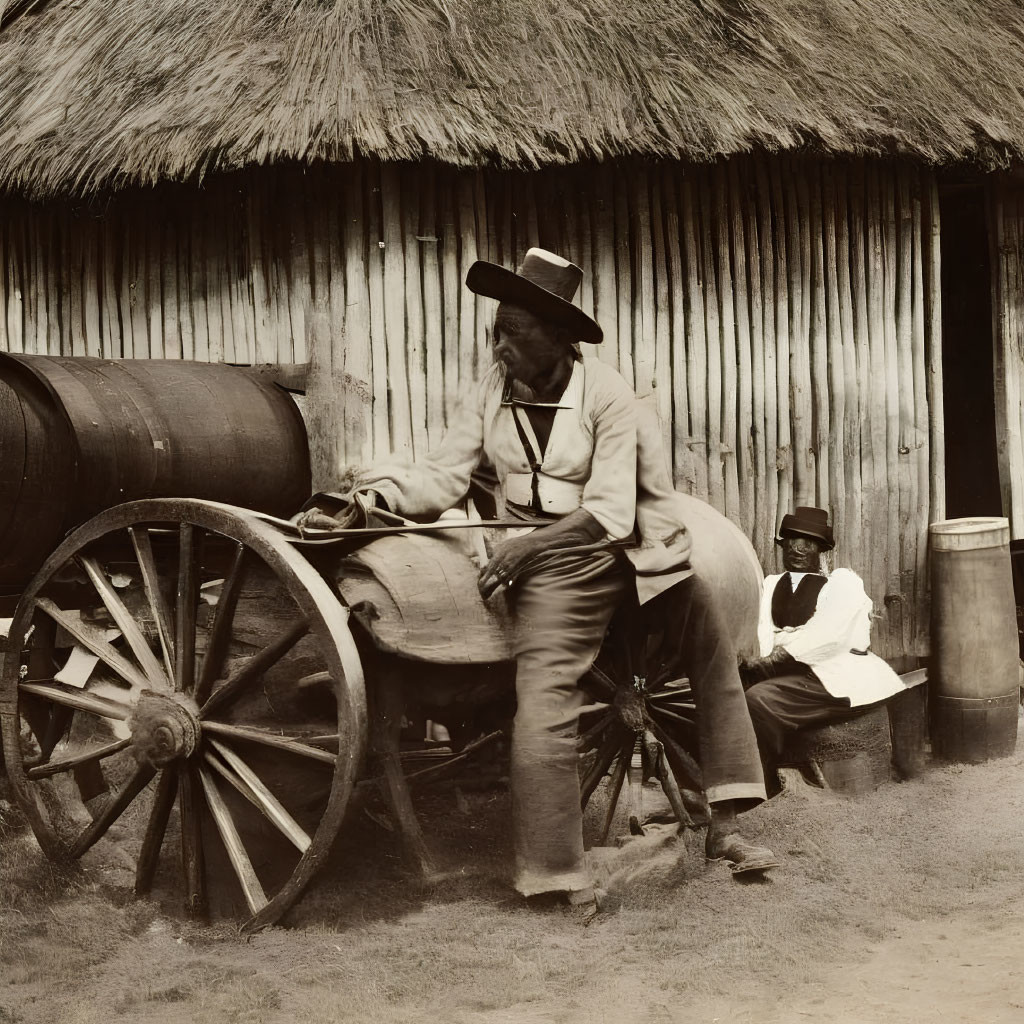 Sepia-Toned Vintage Photo of Two People by Wooden Cart