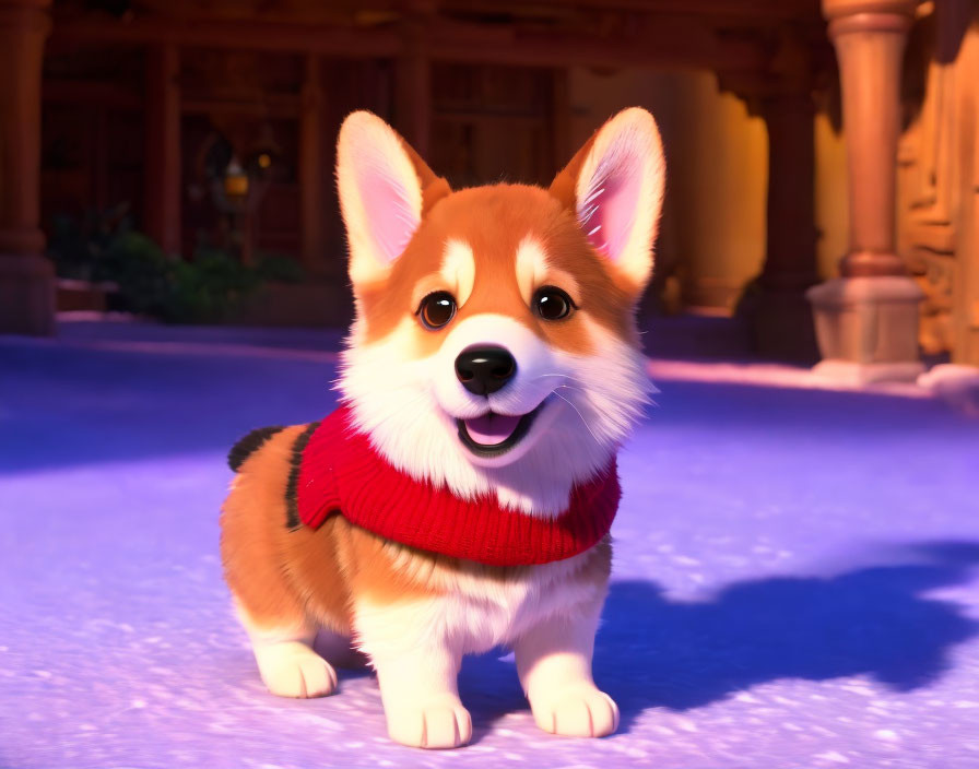 Happy Corgi Dog in Red Sweater Outdoors at Twilight