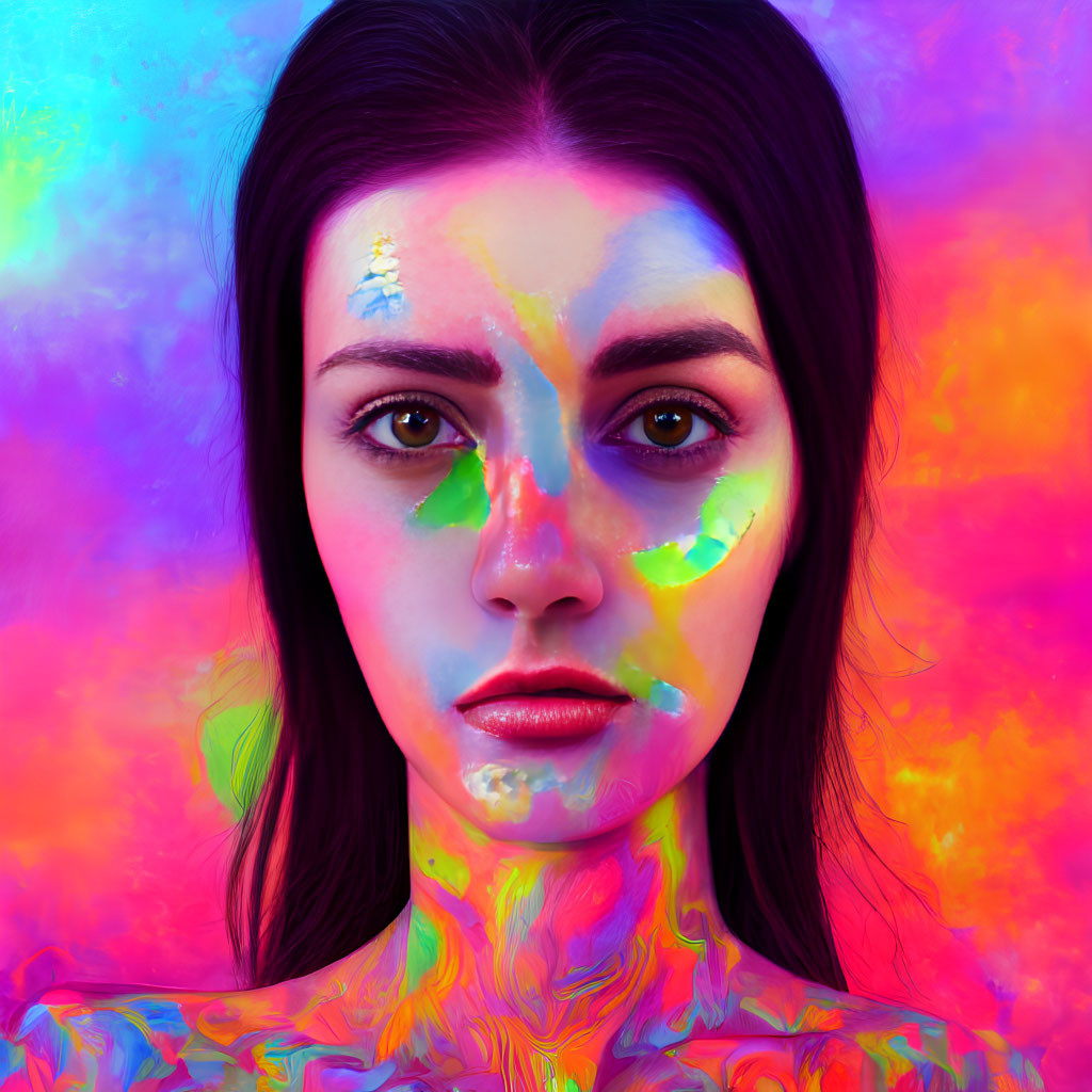 Woman with Dark Hair and Colorful Face Paint on Vibrant Background