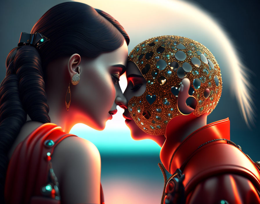 Futuristic figures in embrace with golden mask and neon-lit background