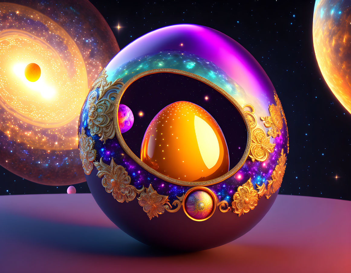 Surreal cosmic scene with ornate spherical object and golden filigree