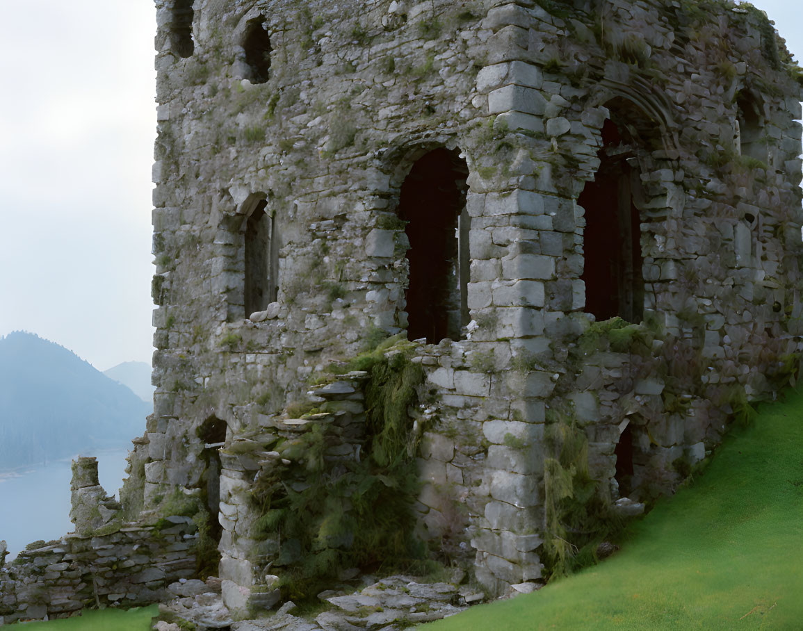 Stone castle ruin on grassy hill overlooking misty water