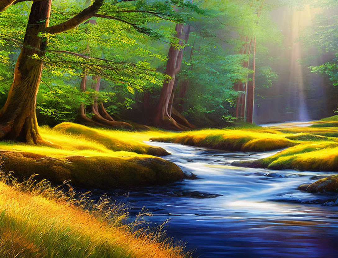 Tranquil forest scene with sunlight, stream, and lush greenery