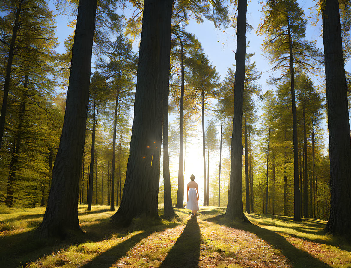 Sunlit Forest with Towering Trees and Long Shadows