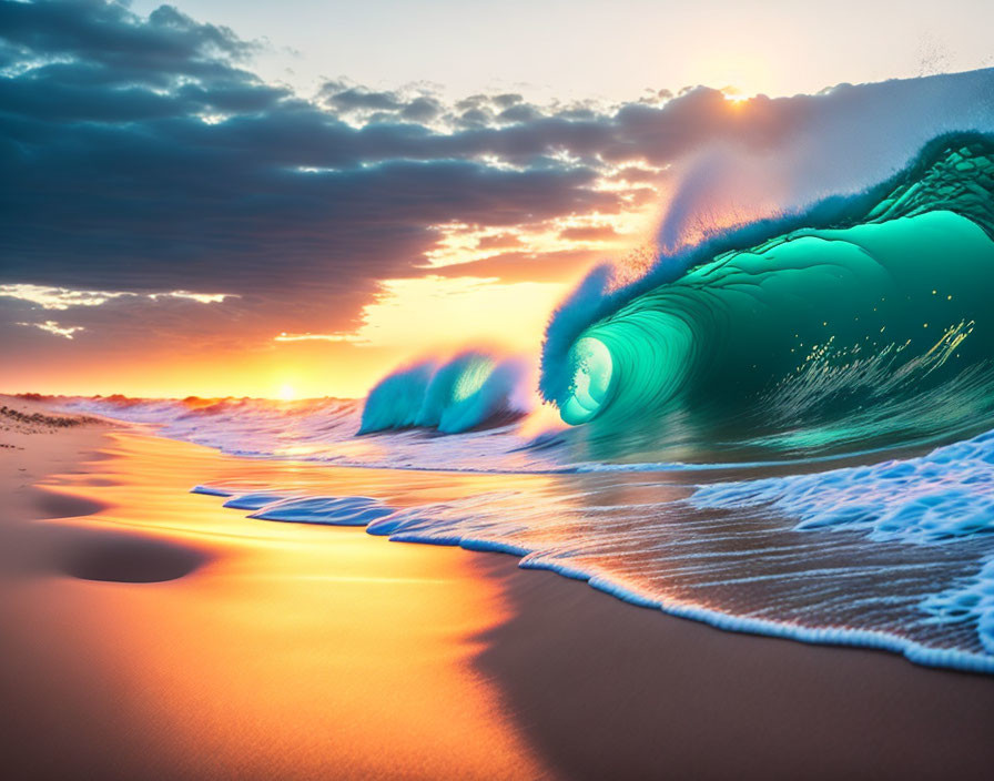 Scenic beach sunset with turquoise wave, foam, and warm sky