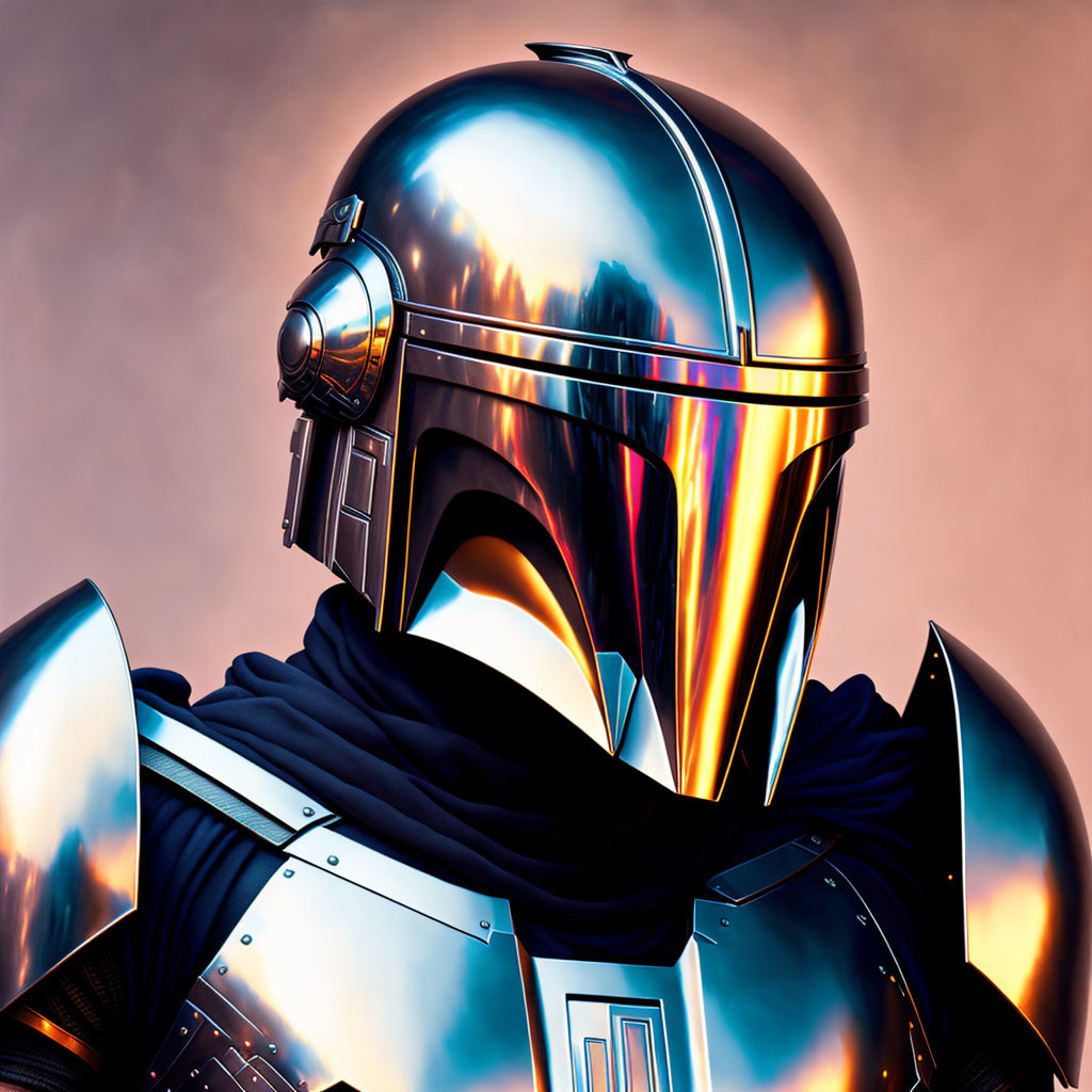 Reflective metallic helmet with T-shaped visor and armored shoulders.