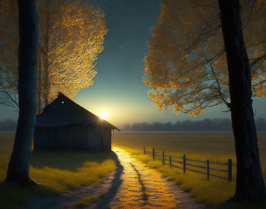 Tranquil night scene: wooden shack, moonlit path, autumn trees, starry sky,