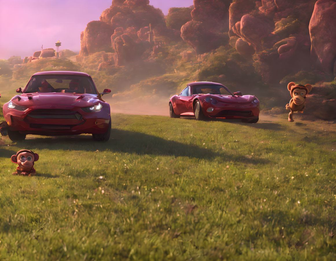 Two red sports cars on grass with monkeys in a sunlit rocky landscape