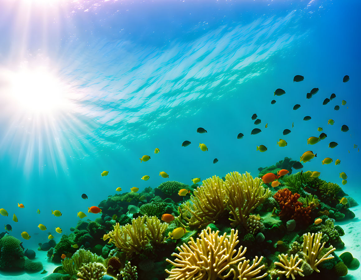 Vibrant coral reef with diverse fish under sunlight