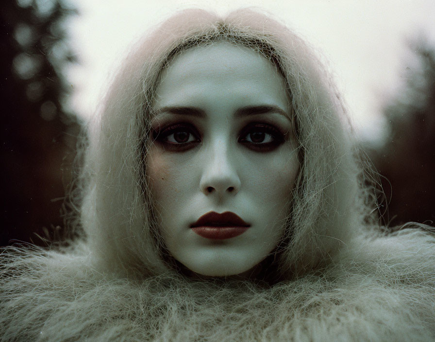 Portrait of person with pale skin, dark eyes, red lips, fur collar, against natural backdrop