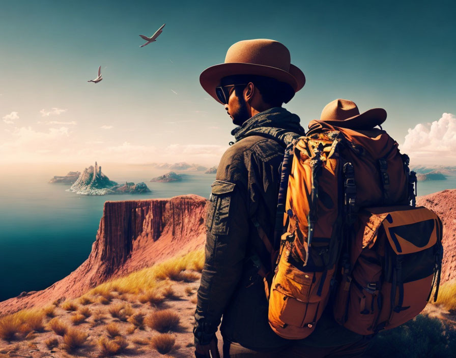 Traveler in hat and sunglasses admiring coastal landscape with cliffs and flying birds