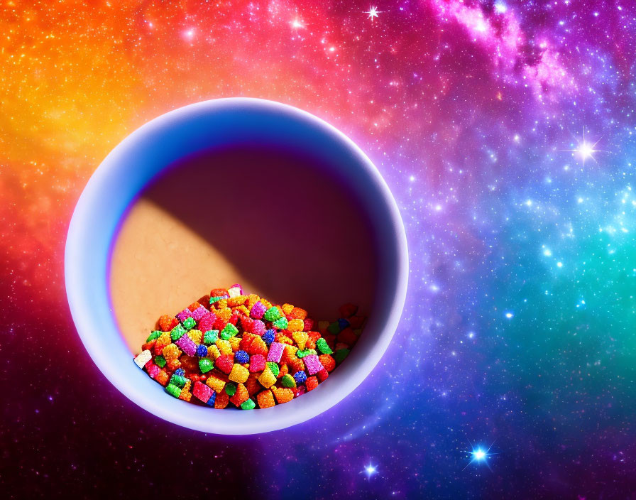 Colorful Cereal Bowl on Starry Galaxy Background