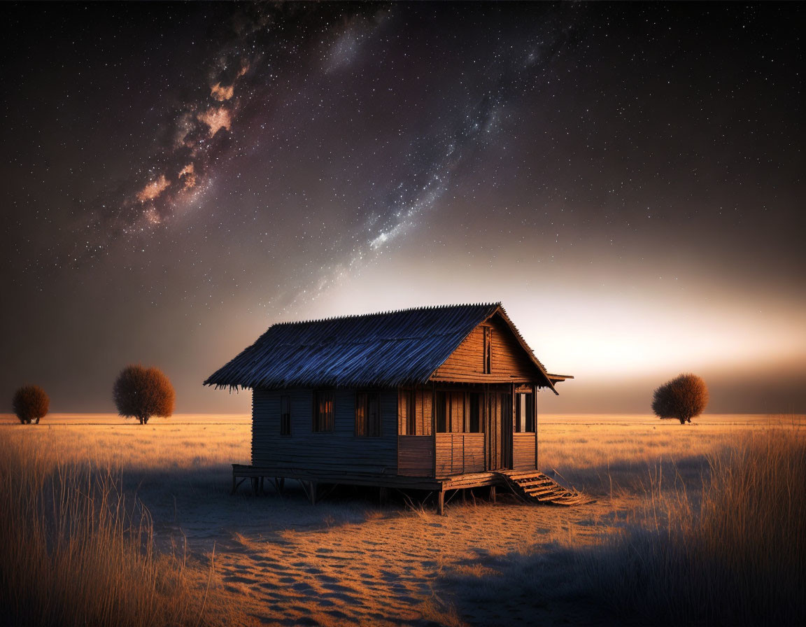 Rustic wooden cabin under starry night sky in open field