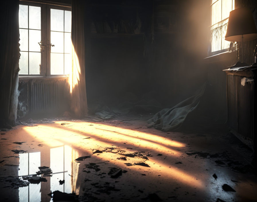 Abandoned room with sunlight, debris, and worn-out lamp