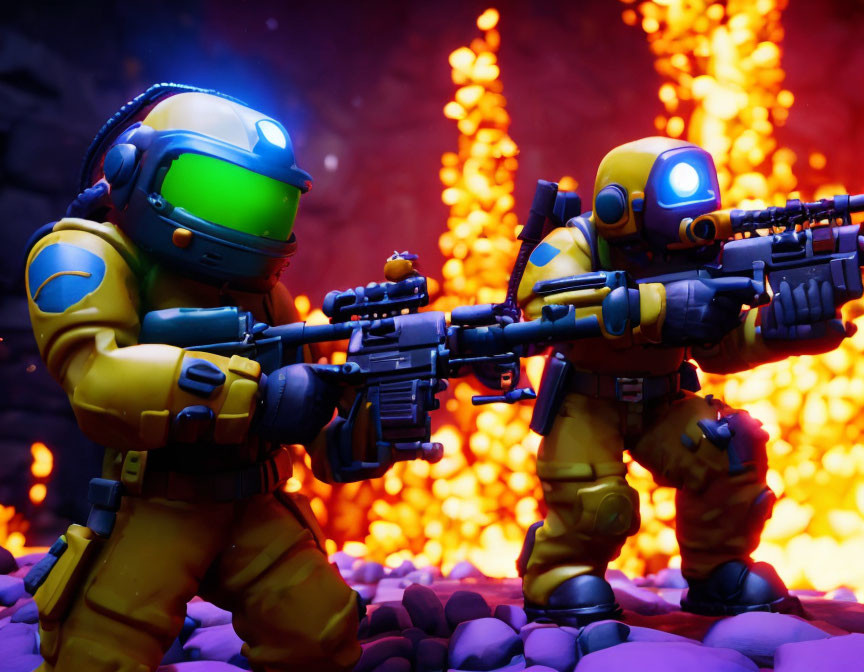 Space Marine Armor Action Figures with Rifles in Fiery Space Setting