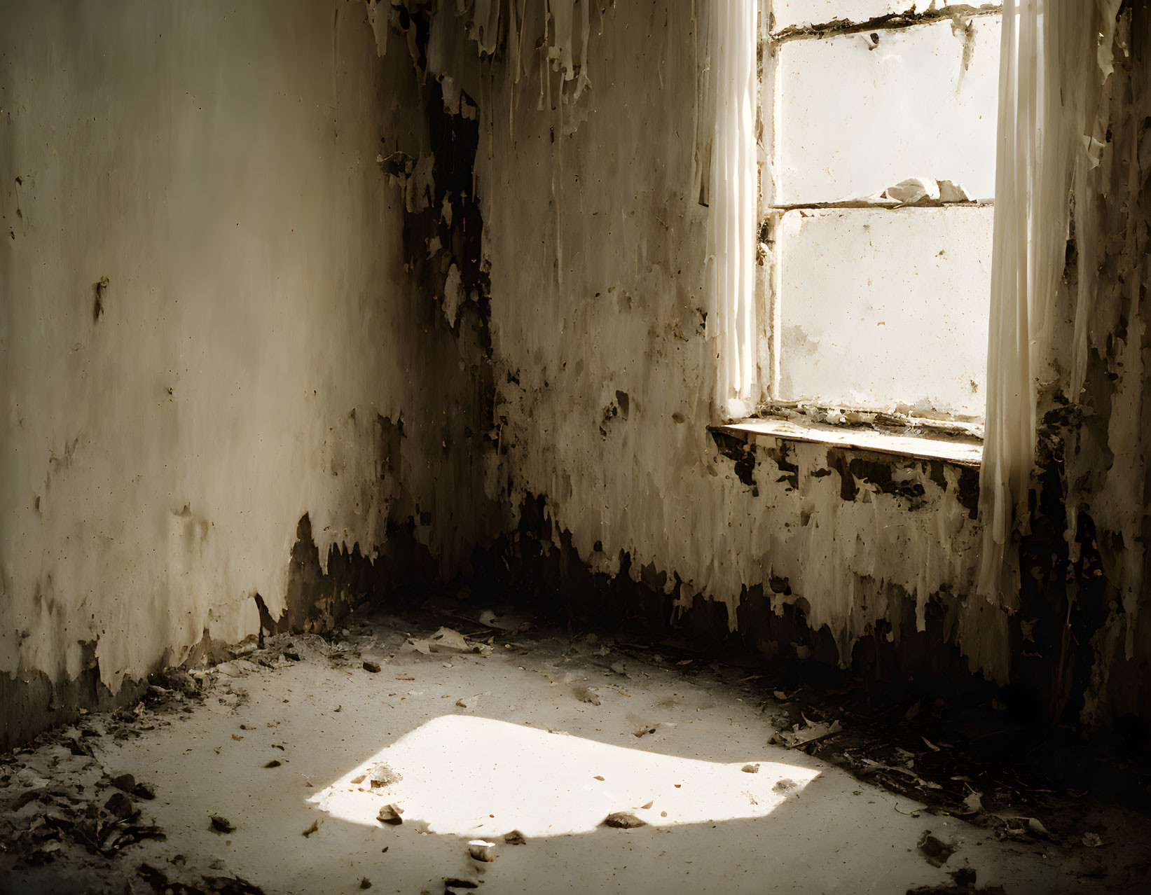 Desolate room with peeling walls and broken window