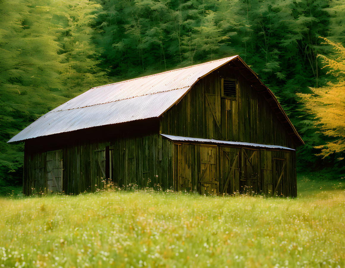 Rustic wooden cabin with sloping metal roof in lush green meadow