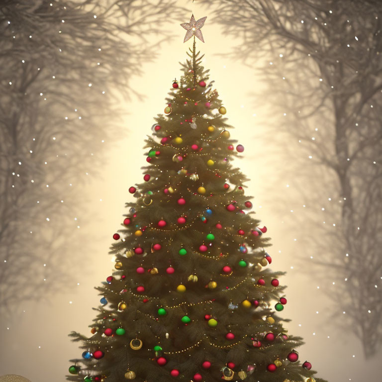 Colorful Ornaments and Star Topper on Decorated Christmas Tree in Misty Forest