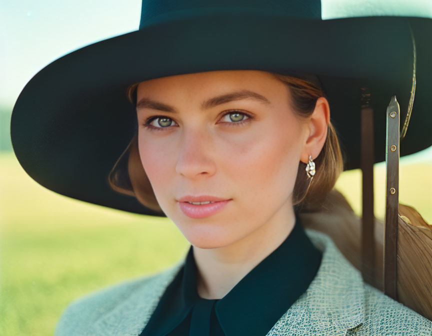 Fair-skinned woman in black hat and blazer with light brown hair, serene expression, outdoor setting