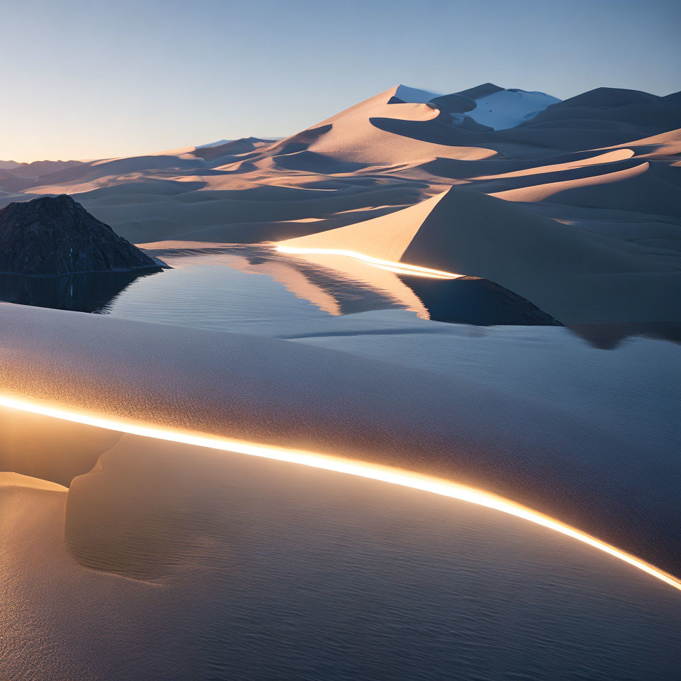 Tranquil water body and sweeping sand dunes at sunrise or sunset