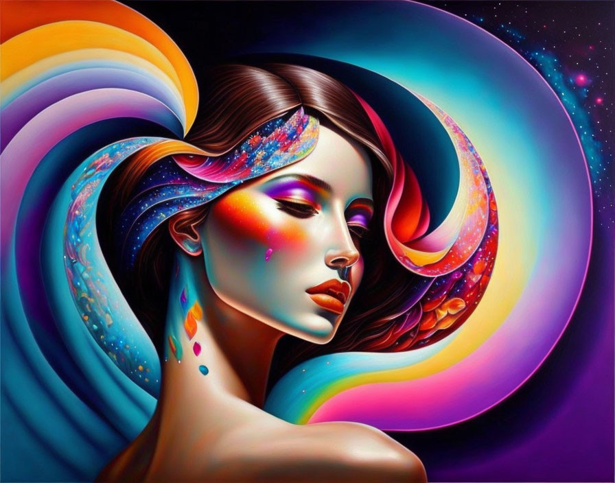 Vibrant digital artwork: Woman's profile blending into cosmic colors