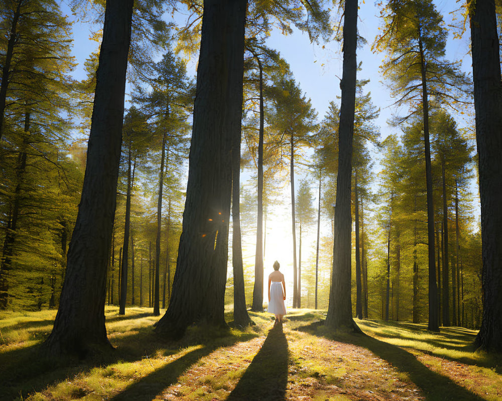 Sunlit Forest with Towering Trees and Long Shadows