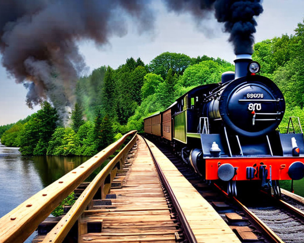 Vintage Steam Locomotive Crossing Wooden Bridge in Lush Greenery