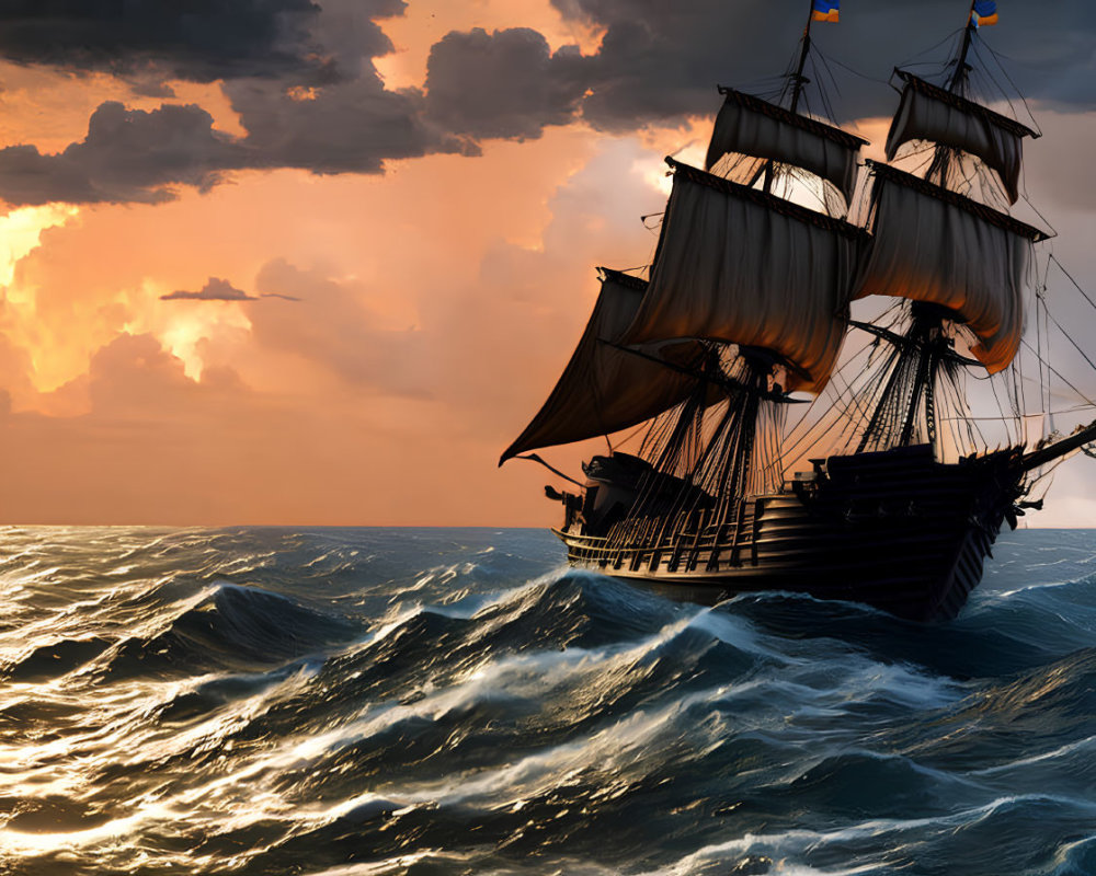 Vintage sailing ship sails through rough seas at sunset