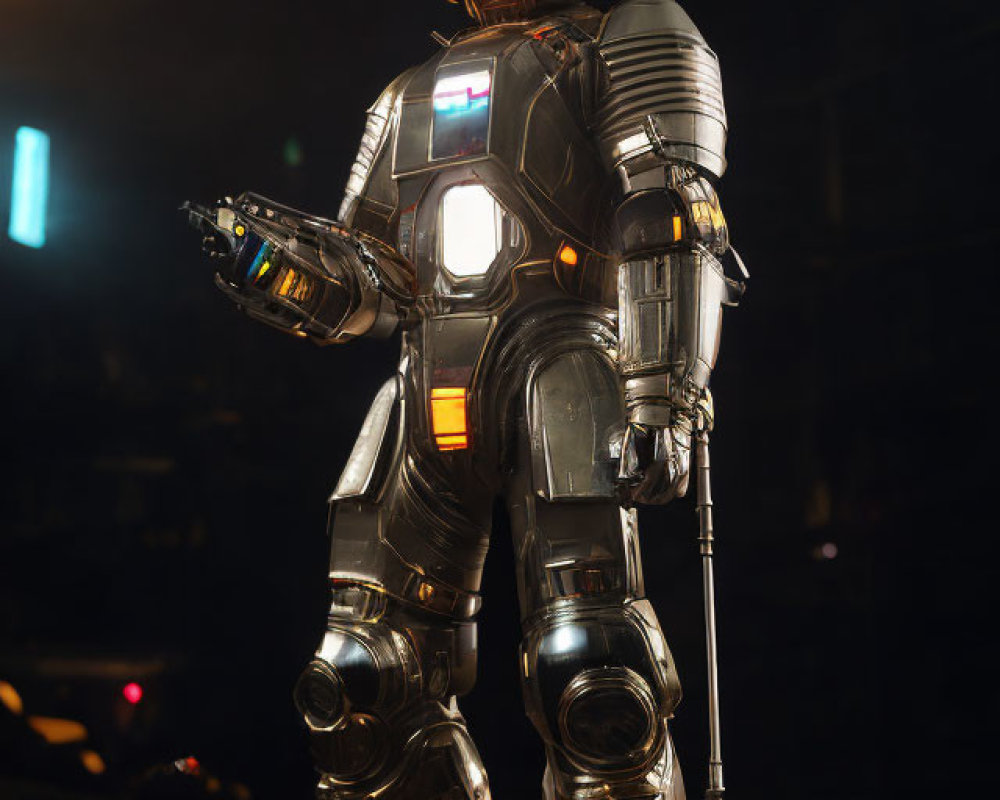 Futuristic astronaut in black space suit holding helmet under street lighting