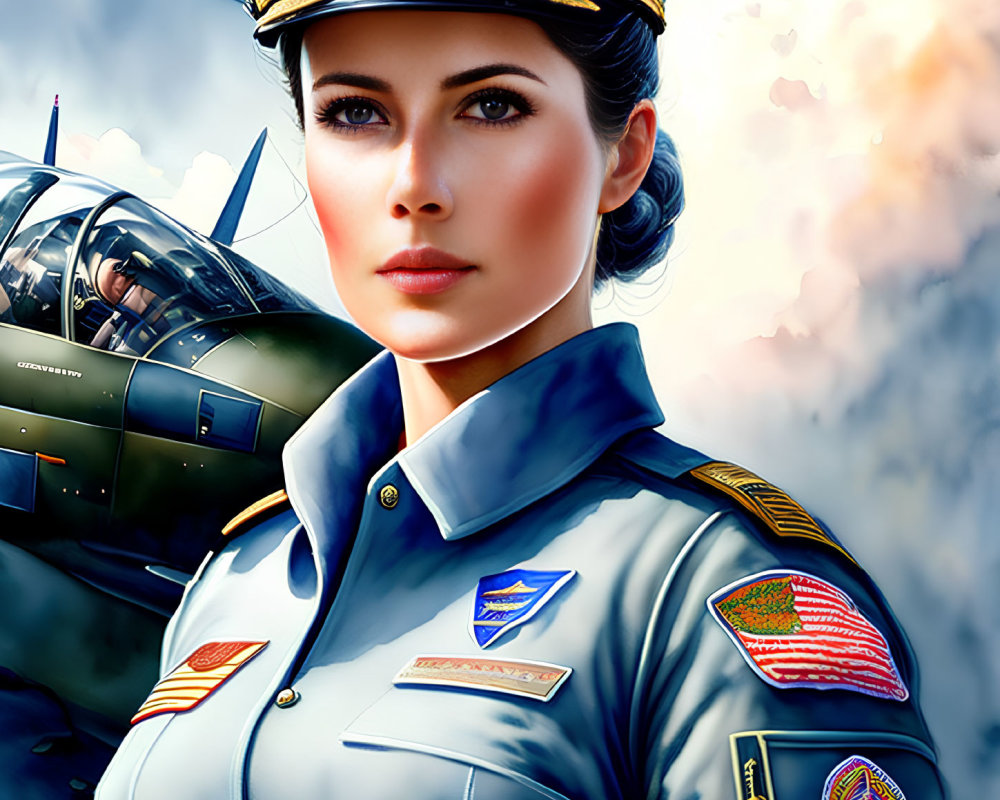 Digital artwork: Woman in military uniform with pilot wings and insignia, standing by airplane