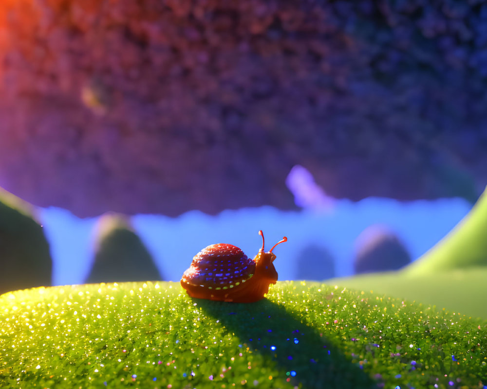 Colorful Snail with Patterned Shell on Dewy Hill in Purple Hues