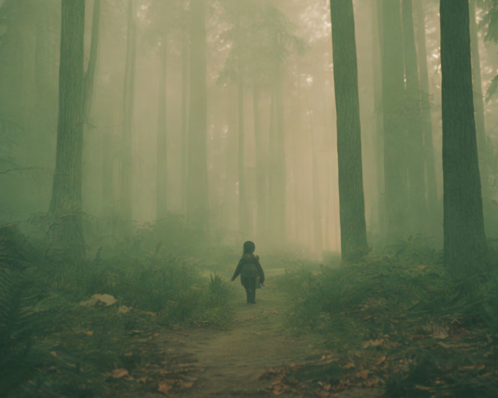 Solitary figure walking on misty forest path among tall shadowy trees