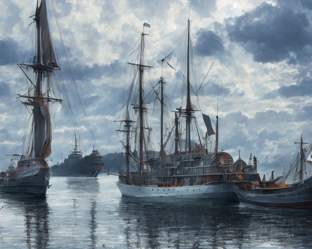 Historic tall ships with billowing sails in serene harbor under dramatic sky.